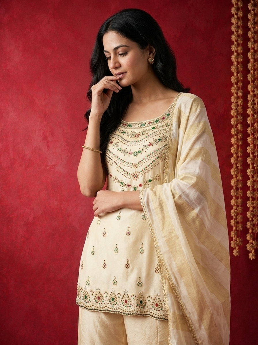 Cream Tissue Multi-Color Stone Embroidered Three Piece Set