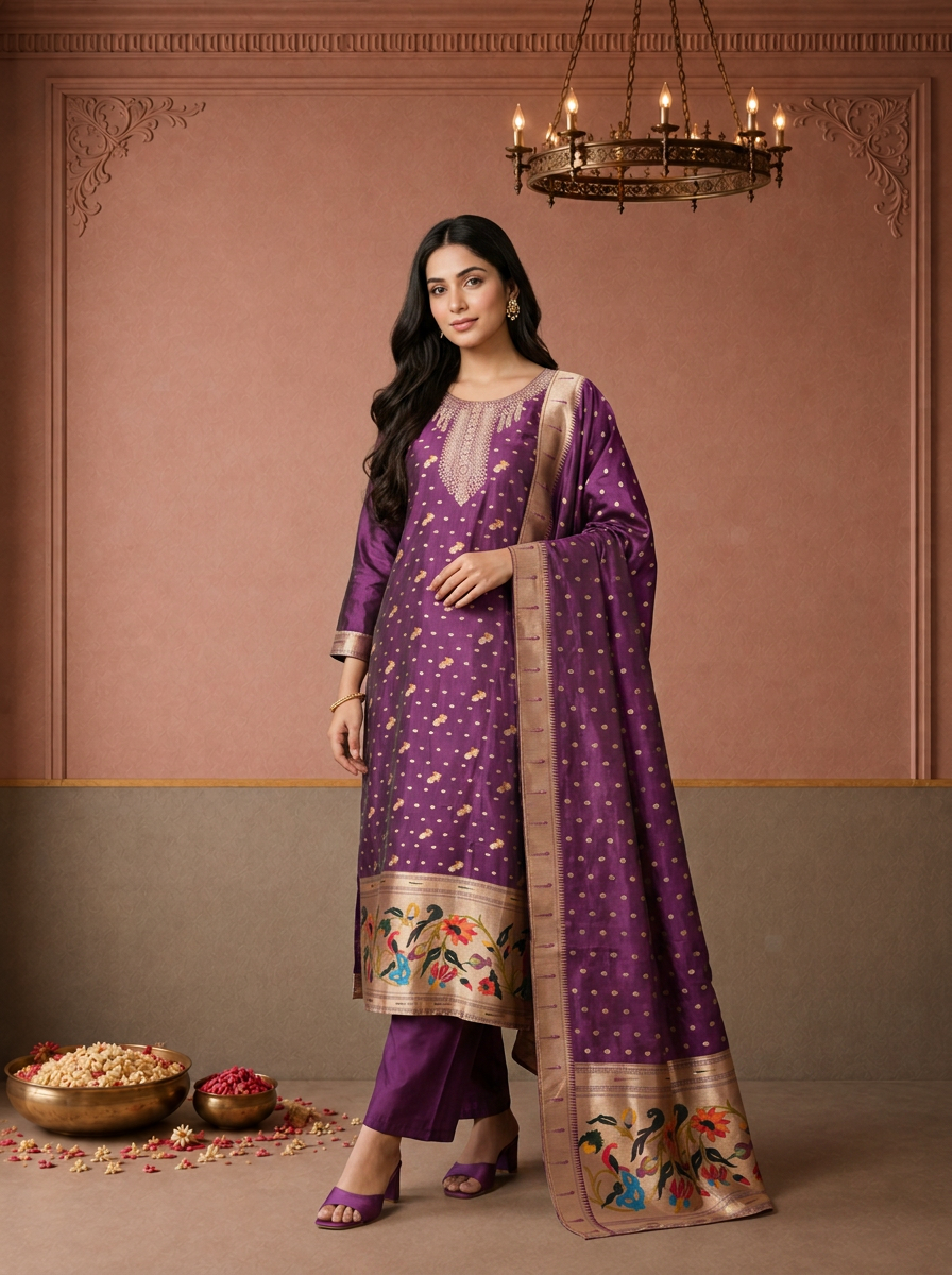 Purple Silk Paithani Mayur Weaved Three Piece Set