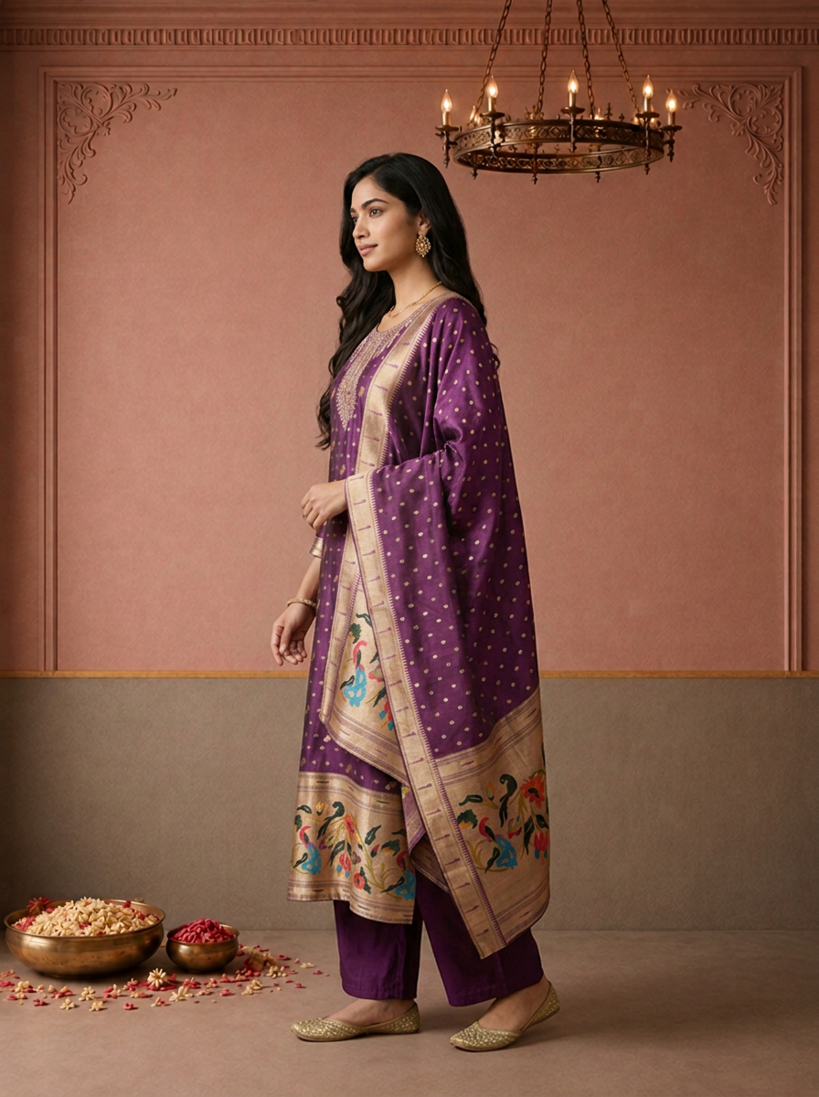 Purple Silk Paithani Mayur Weaved Three Piece Set