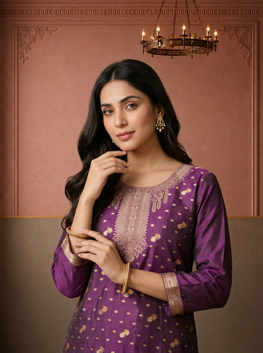 Purple Silk Paithani Mayur Weaved Three Piece Set