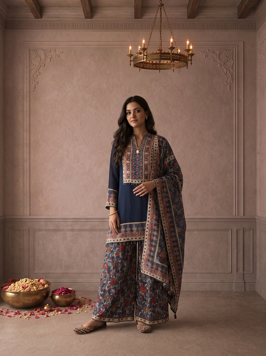 Navy Blue Georgette Floral Ajrakh Printed Three Piece Set