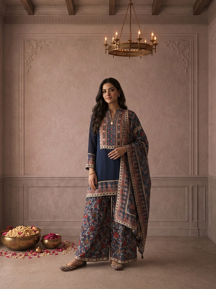 Navy Blue Georgette Floral Ajrakh Printed Three Piece Set