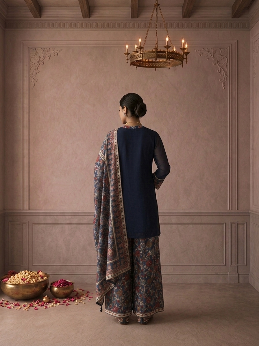 Navy Blue Georgette Floral Ajrakh Printed Three Piece Set