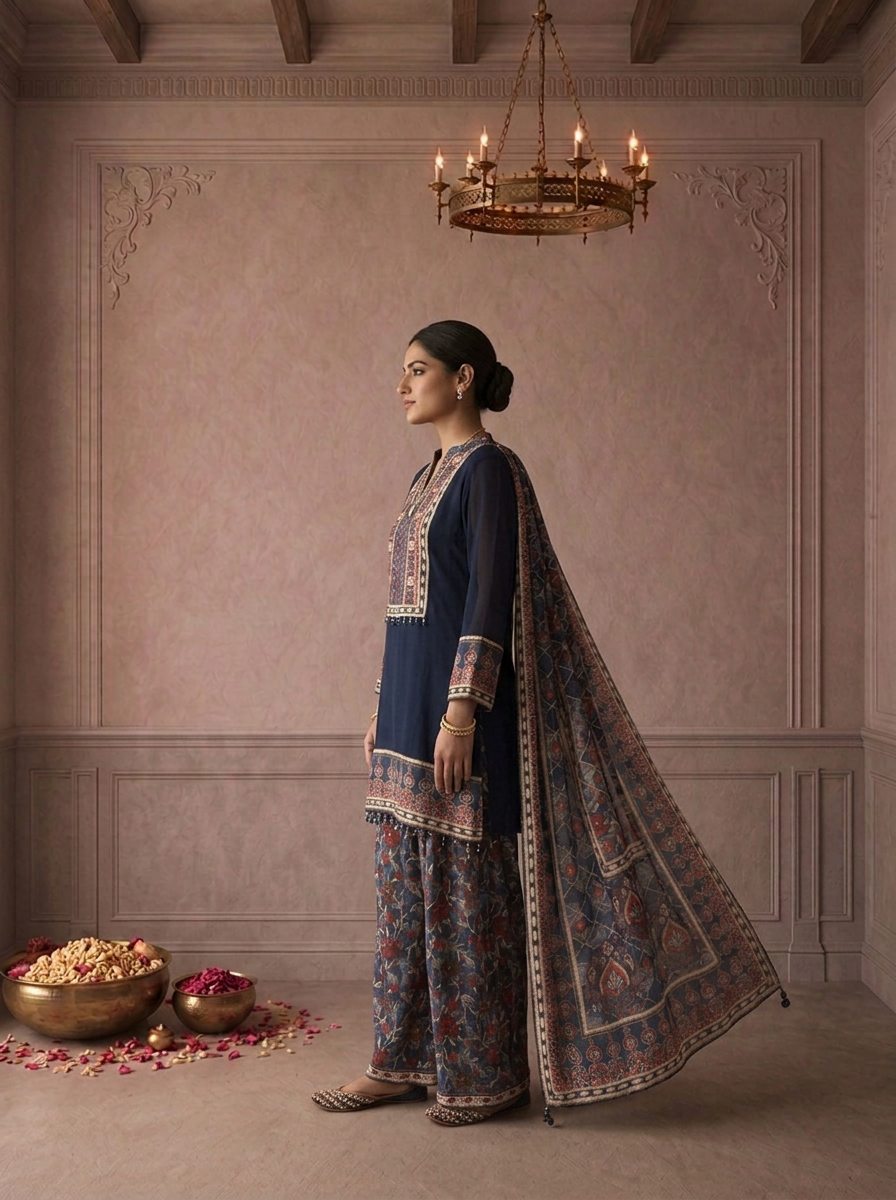 Navy Blue Georgette Floral Ajrakh Printed Three Piece Set