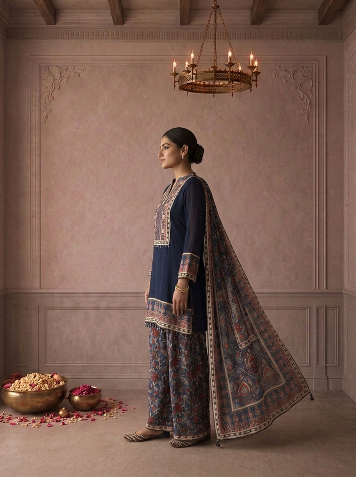 Navy Blue Georgette Floral Ajrakh Printed Three Piece Set