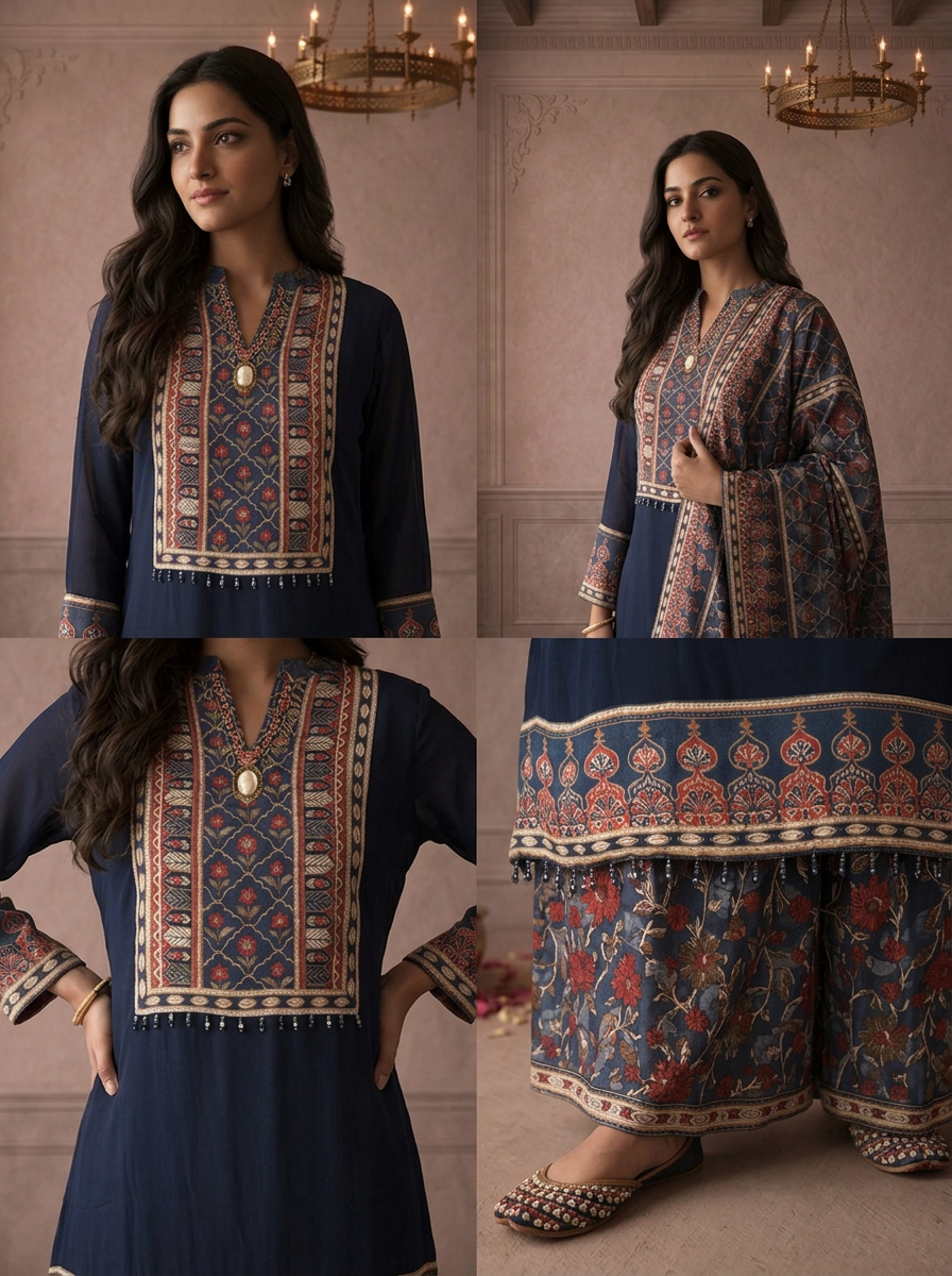 Navy Blue Georgette Floral Ajrakh Printed Three Piece Set