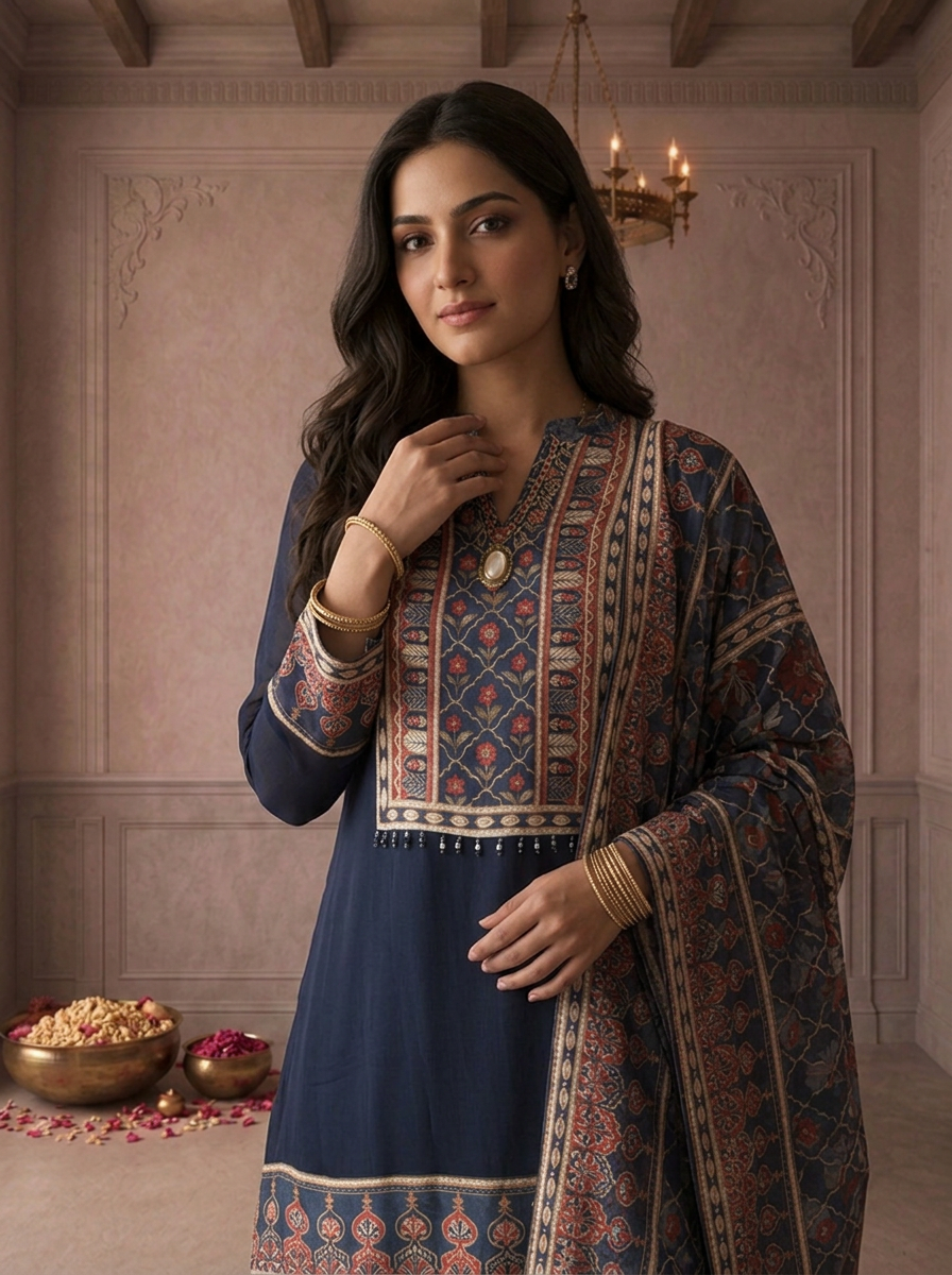 Navy Blue Georgette Floral Ajrakh Printed Three Piece Set