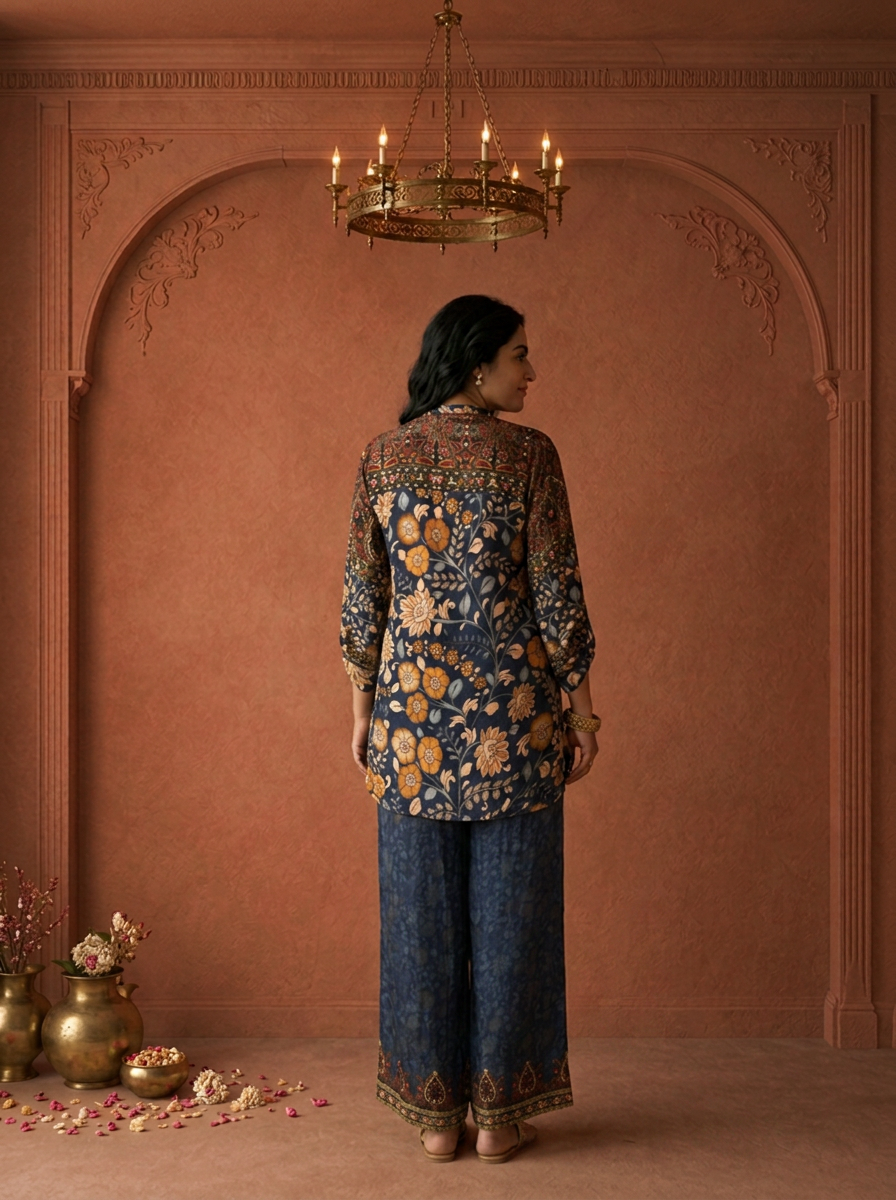 Navy Blue Crepe Multicolor Paisley Printed Two Piece Set