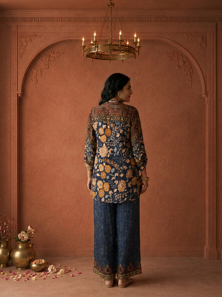 Navy Blue Crepe Multicolor Paisley Printed Two Piece Set