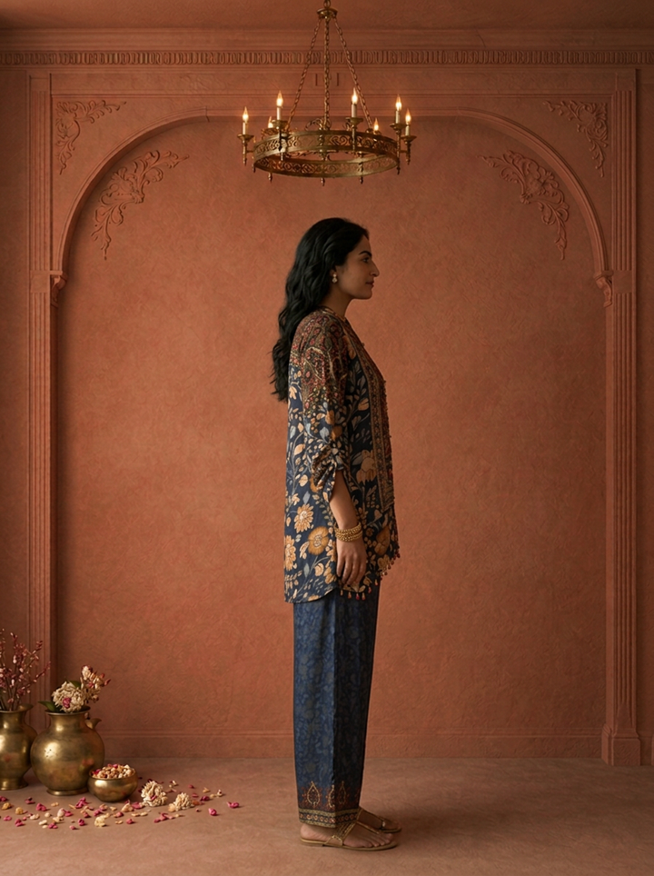 Navy Blue Crepe Multicolor Paisley Printed Two Piece Set