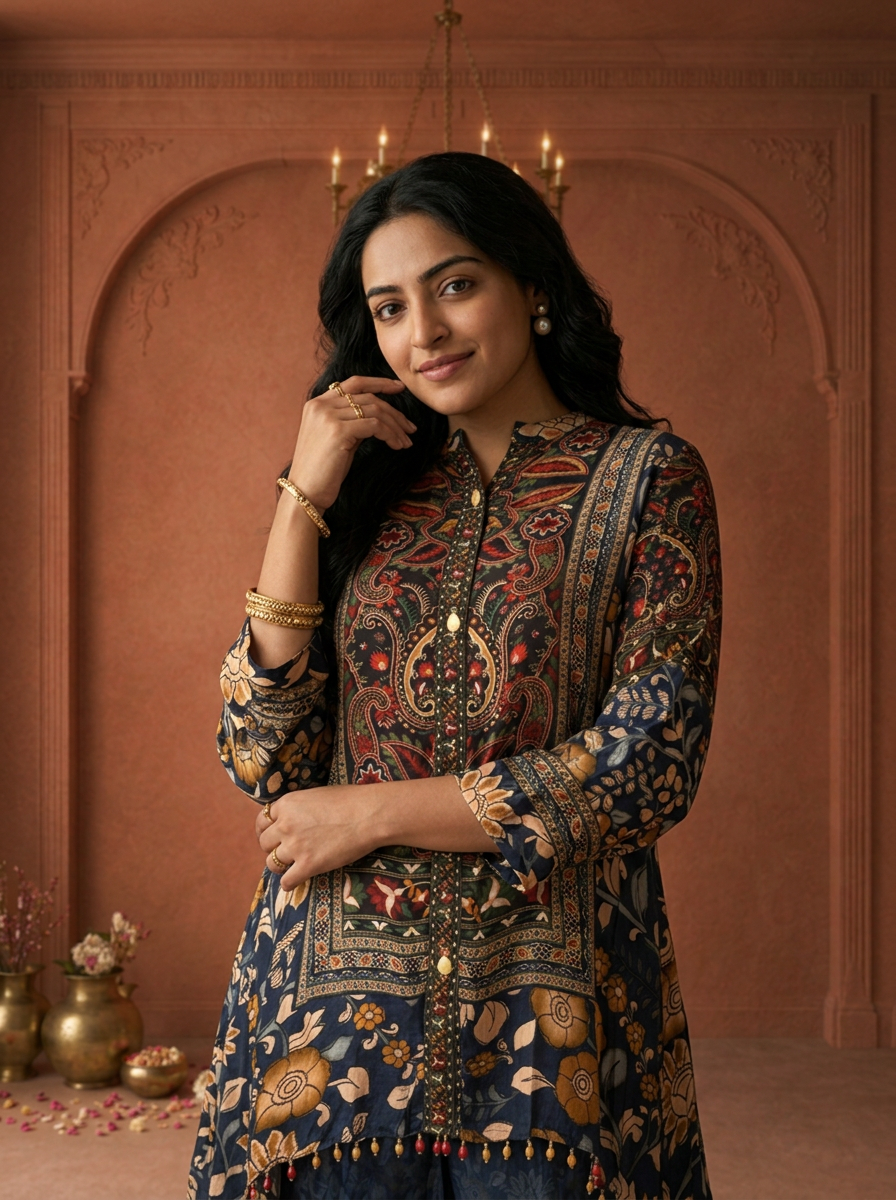 Navy Blue Crepe Multicolor Paisley Printed Two Piece Set