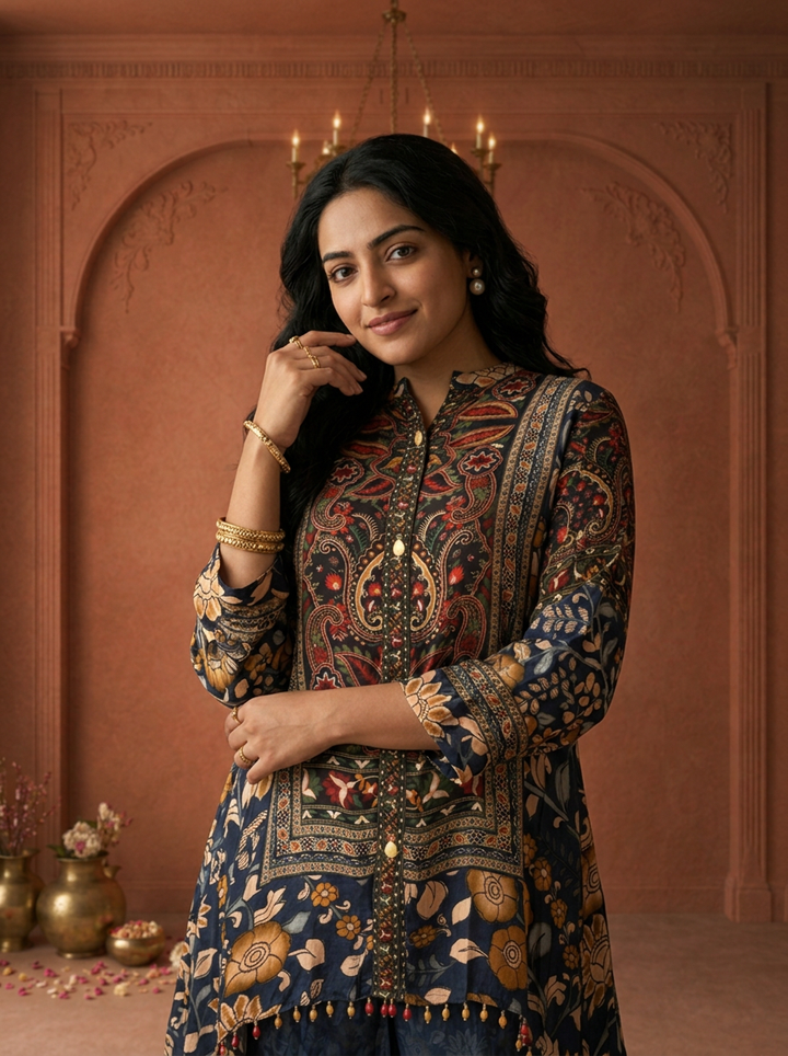 Navy Blue Crepe Multicolor Paisley Printed Two Piece Set