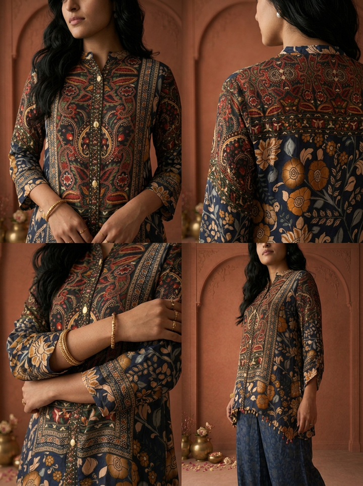 Navy Blue Crepe Multicolor Paisley Printed Two Piece Set