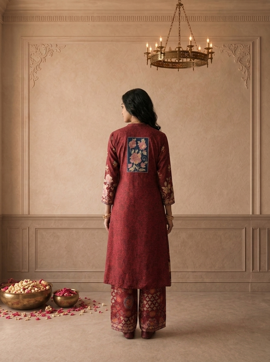 Burgundy Crepe Multicolor Ajrakh Floral Printed Three Piece Set
