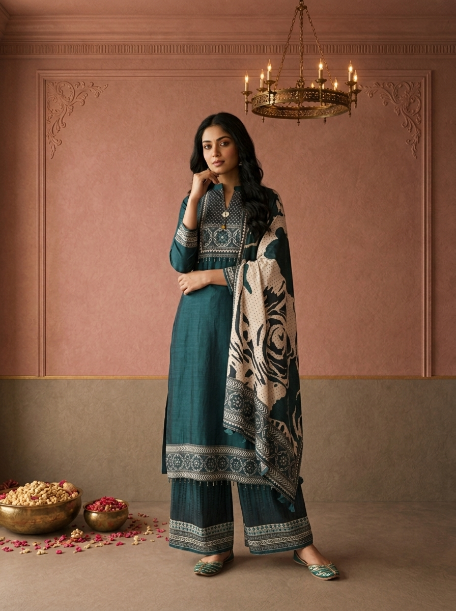 Bottle Green Silk Ajrakh Geometric Printed Three Piece Set