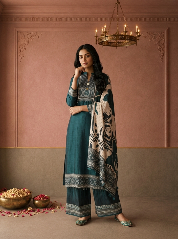 Bottle Green Silk Ajrakh Geometric Printed Three Piece Set