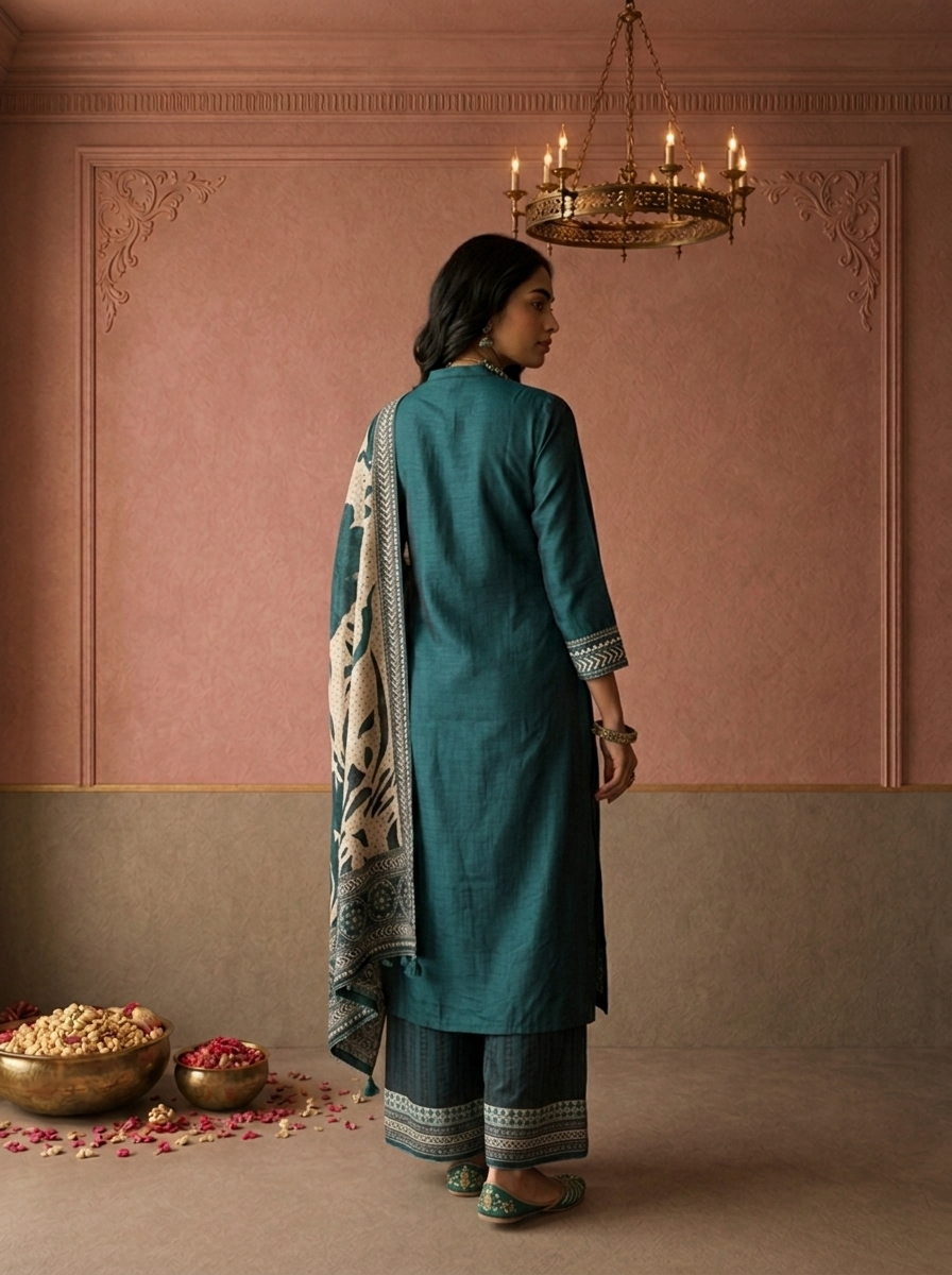 Bottle Green Silk Ajrakh Geometric Printed Three Piece Set