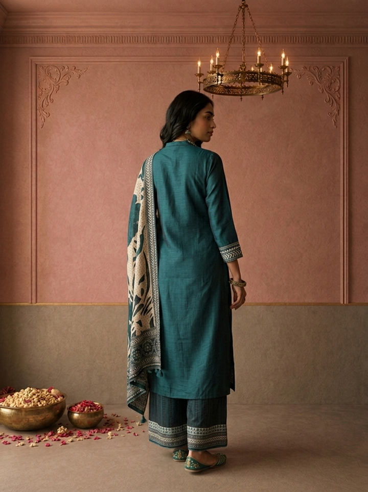 Bottle Green Silk Ajrakh Geometric Printed Three Piece Set