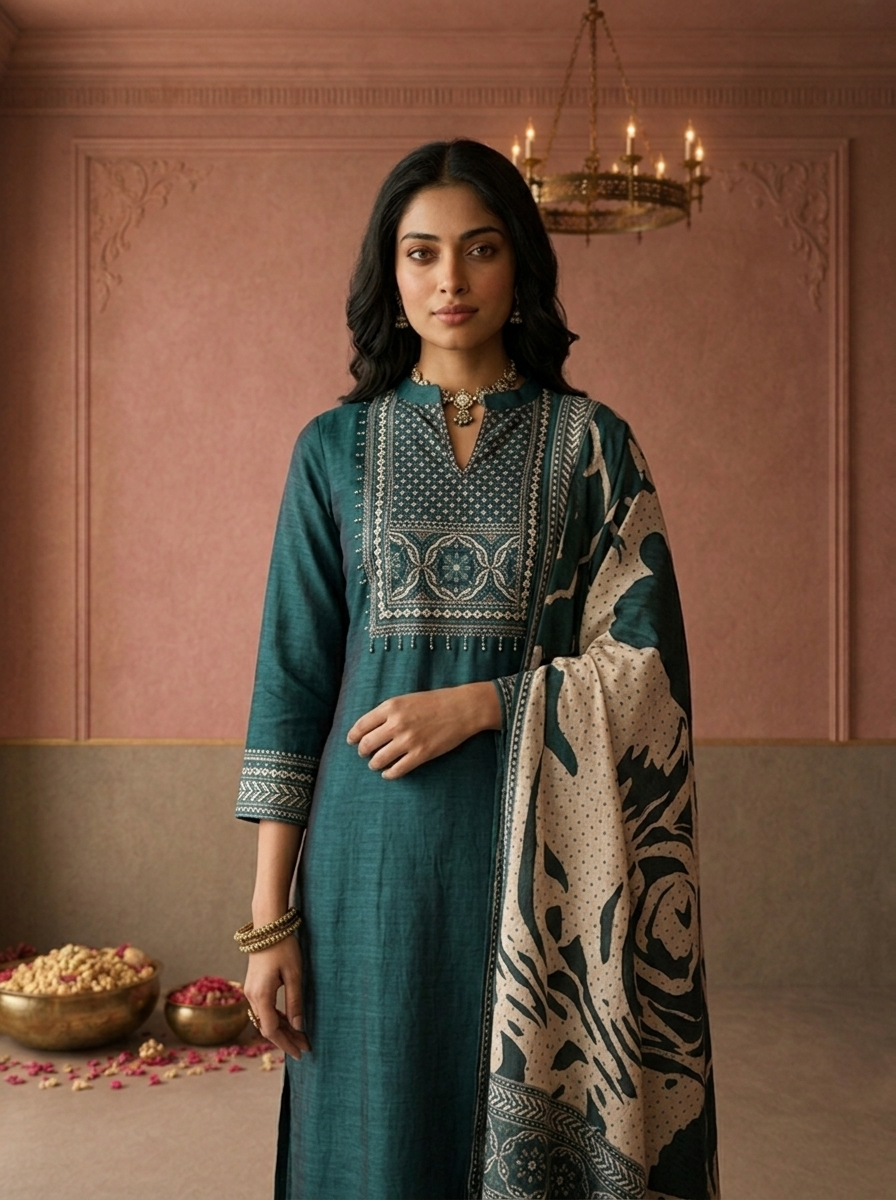 Bottle Green Silk Ajrakh Geometric Printed Three Piece Set
