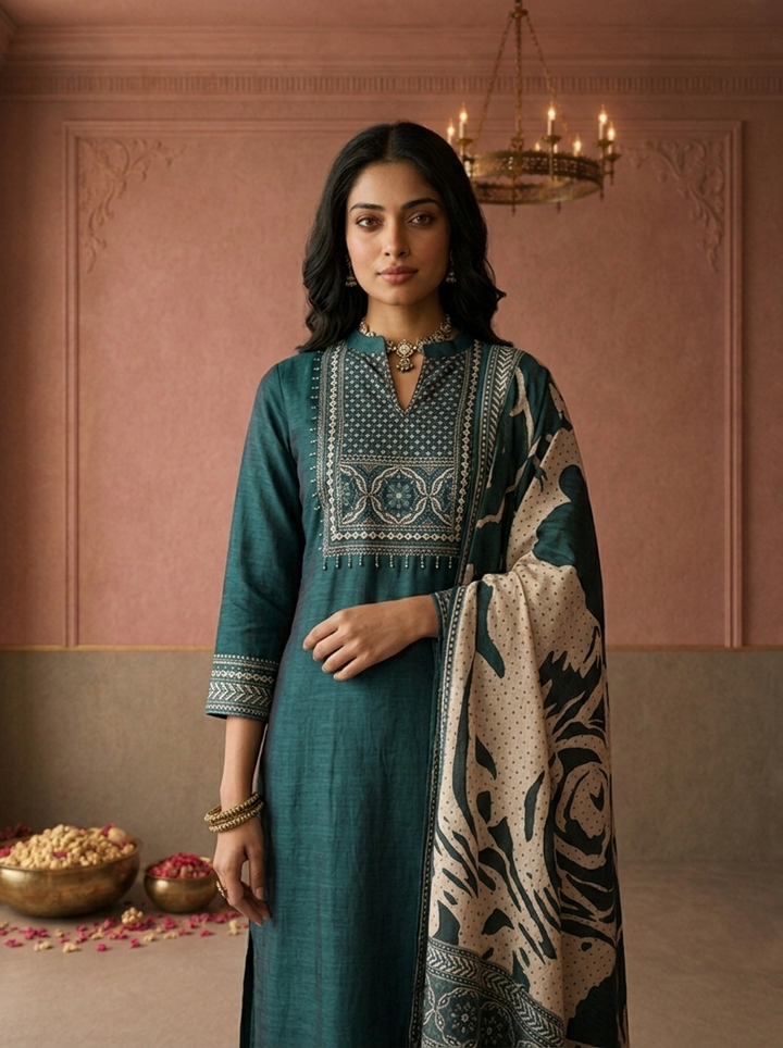 Bottle Green Silk Ajrakh Geometric Printed Three Piece Set