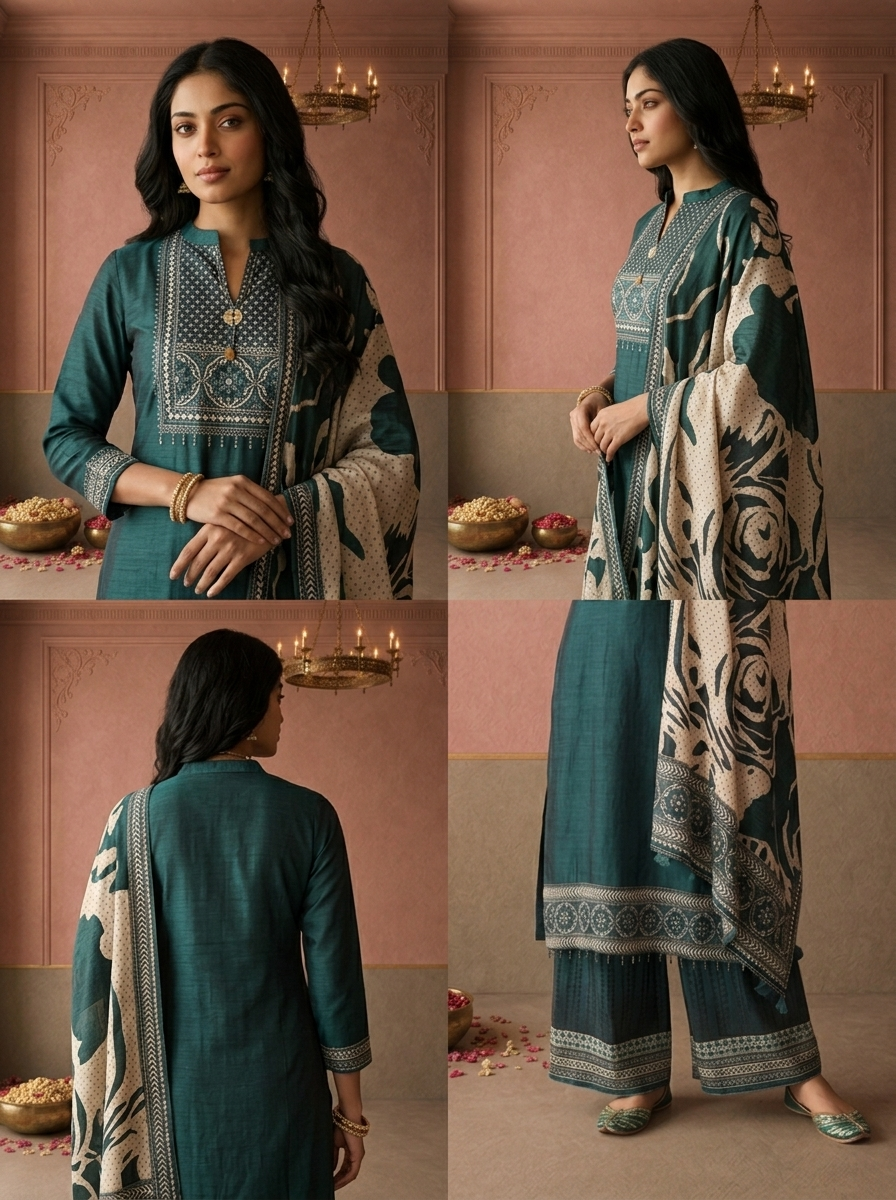 Bottle Green Silk Ajrakh Geometric Printed Three Piece Set