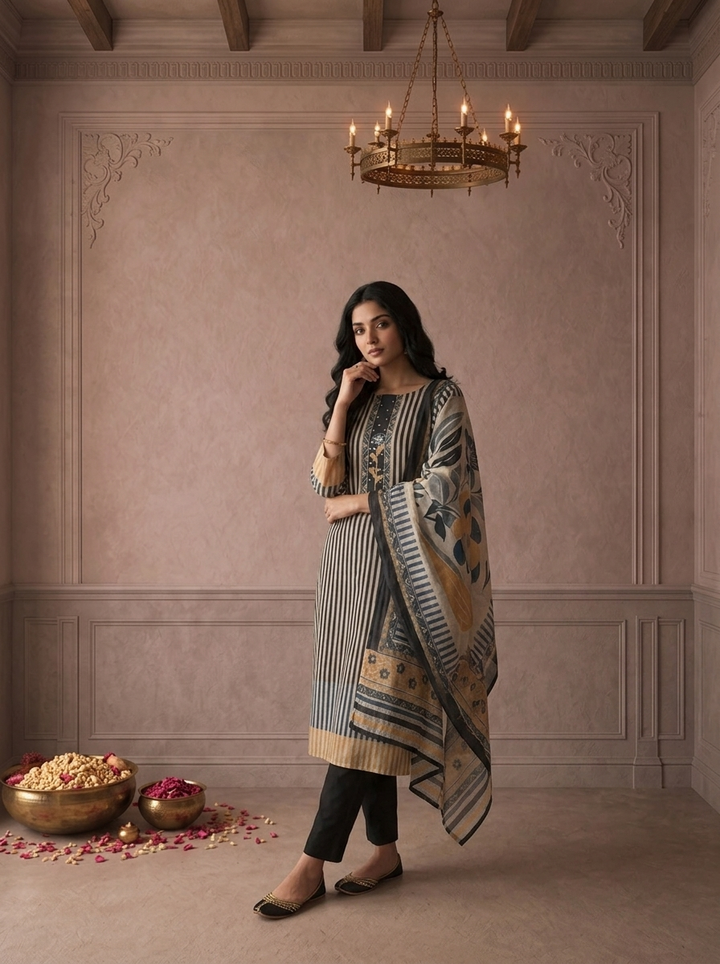Navy Blue Chanderi Vertical Stripes Printed Three Piece Set