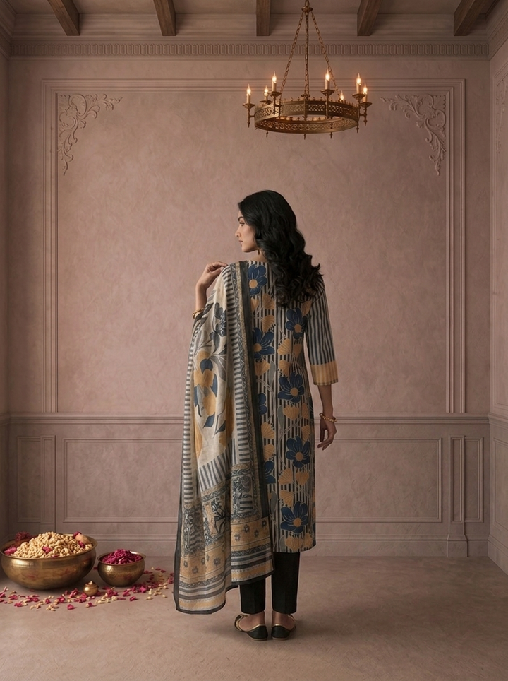 Navy Blue Chanderi Vertical Stripes Printed Three Piece Set