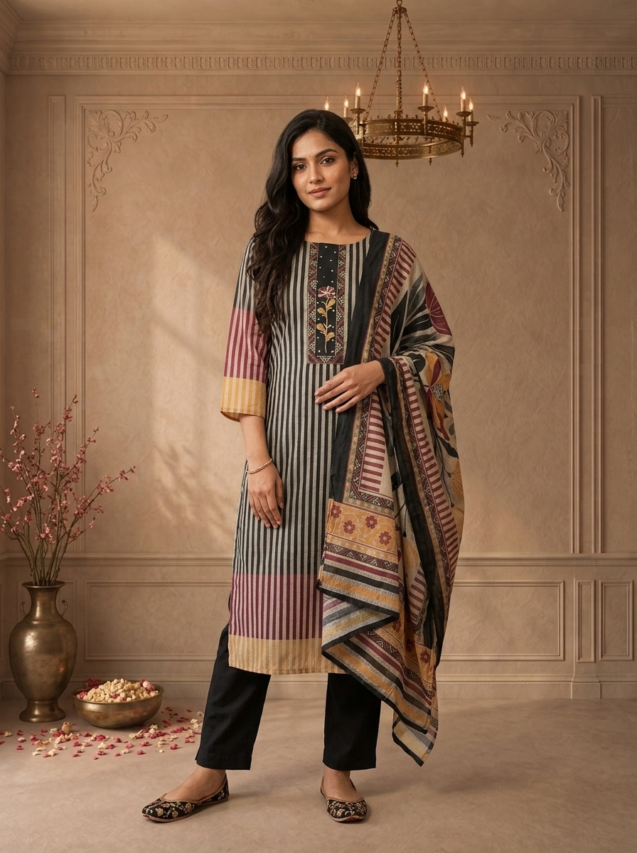 Wine Chanderi Vertical Stripes Printed Three Piece Set