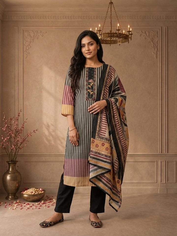 Wine Chanderi Vertical Stripes Printed Three Piece Set