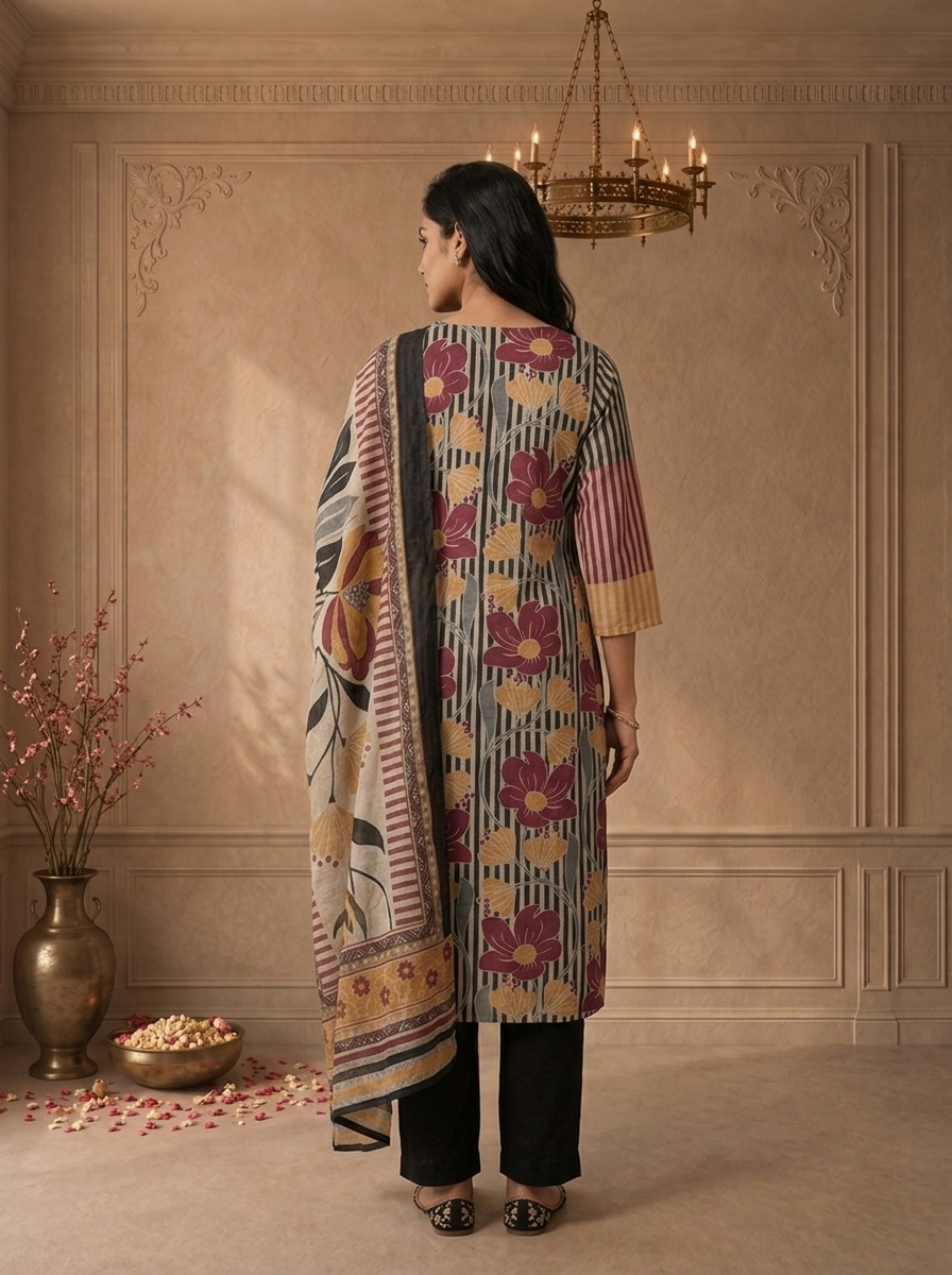 Wine Chanderi Vertical Stripes Printed Three Piece Set