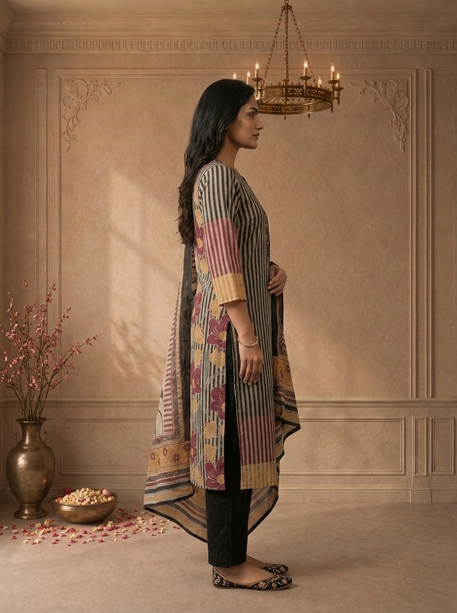 Wine Chanderi Vertical Stripes Printed Three Piece Set
