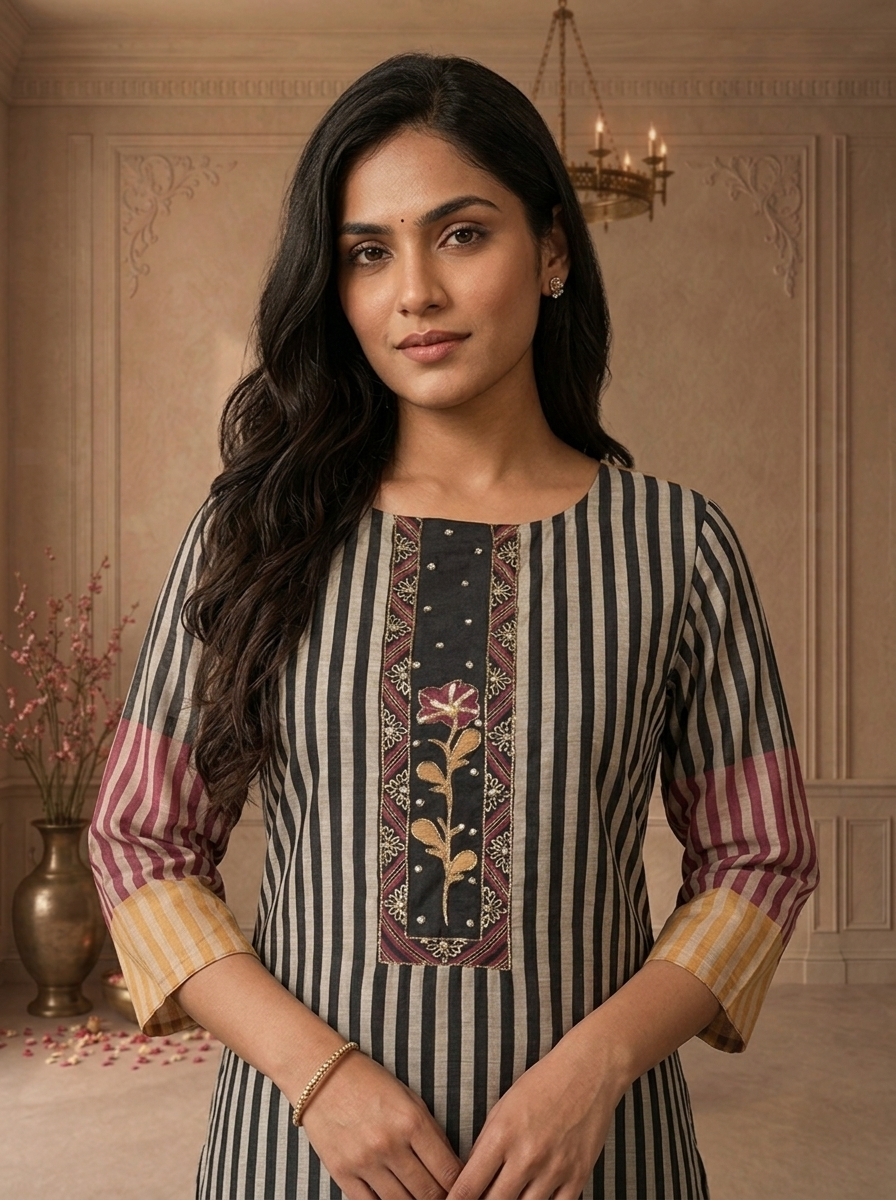 Wine Chanderi Vertical Stripes Printed Three Piece Set