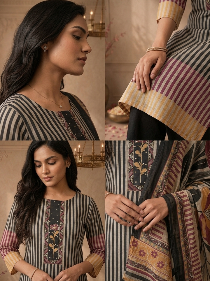 Wine Chanderi Vertical Stripes Printed Three Piece Set