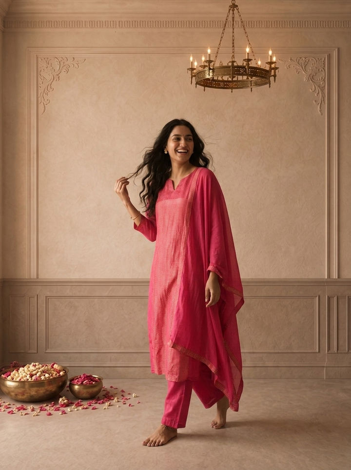 Magenta Tissue Zari Stripes Printed Three Piece Set