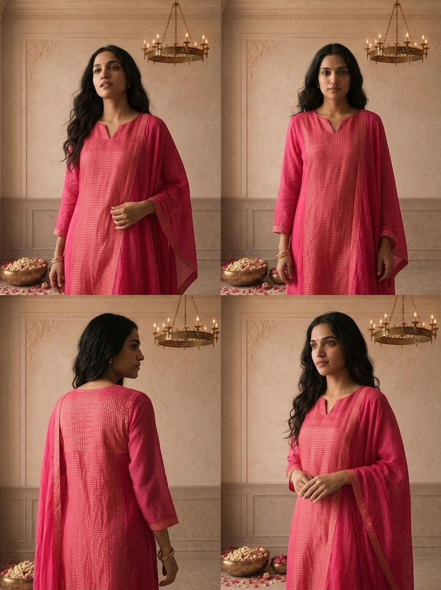 Magenta Tissue Zari Stripes Printed Three Piece Set