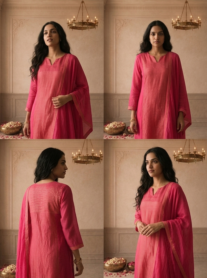 Magenta Tissue Zari Stripes Printed Three Piece Set