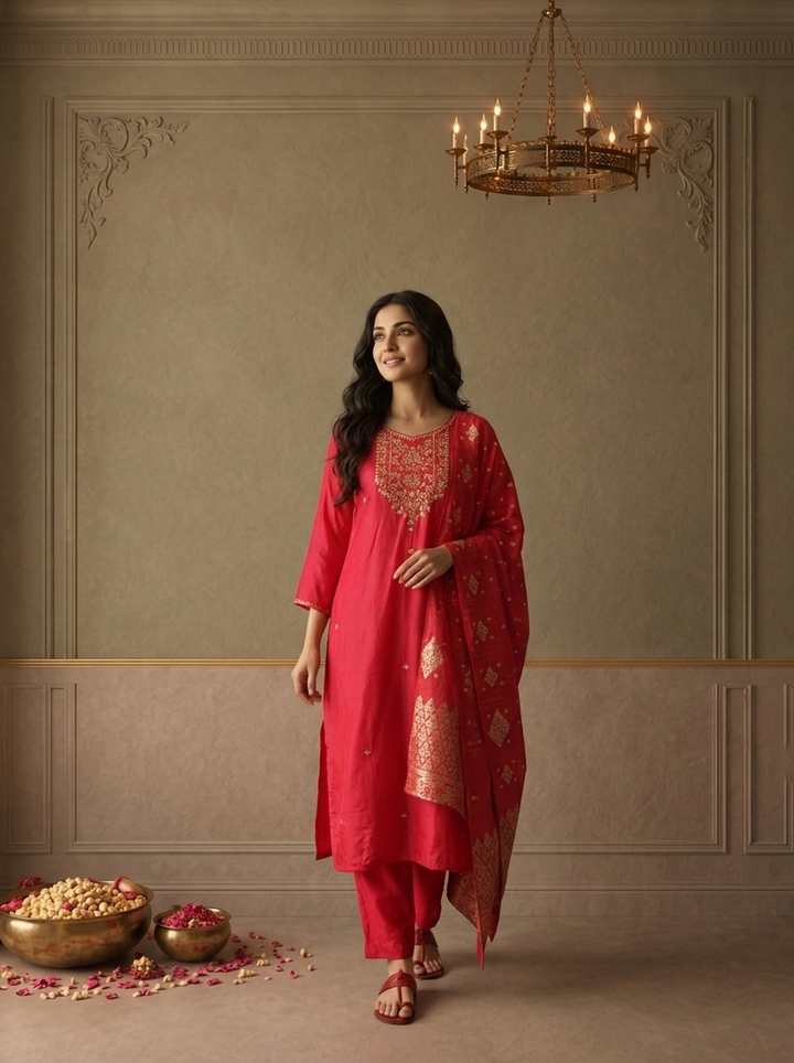 Magenta Silk Zari Embroidered Three Piece Set