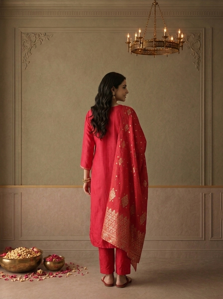 Magenta Silk Zari Embroidered Three Piece Set