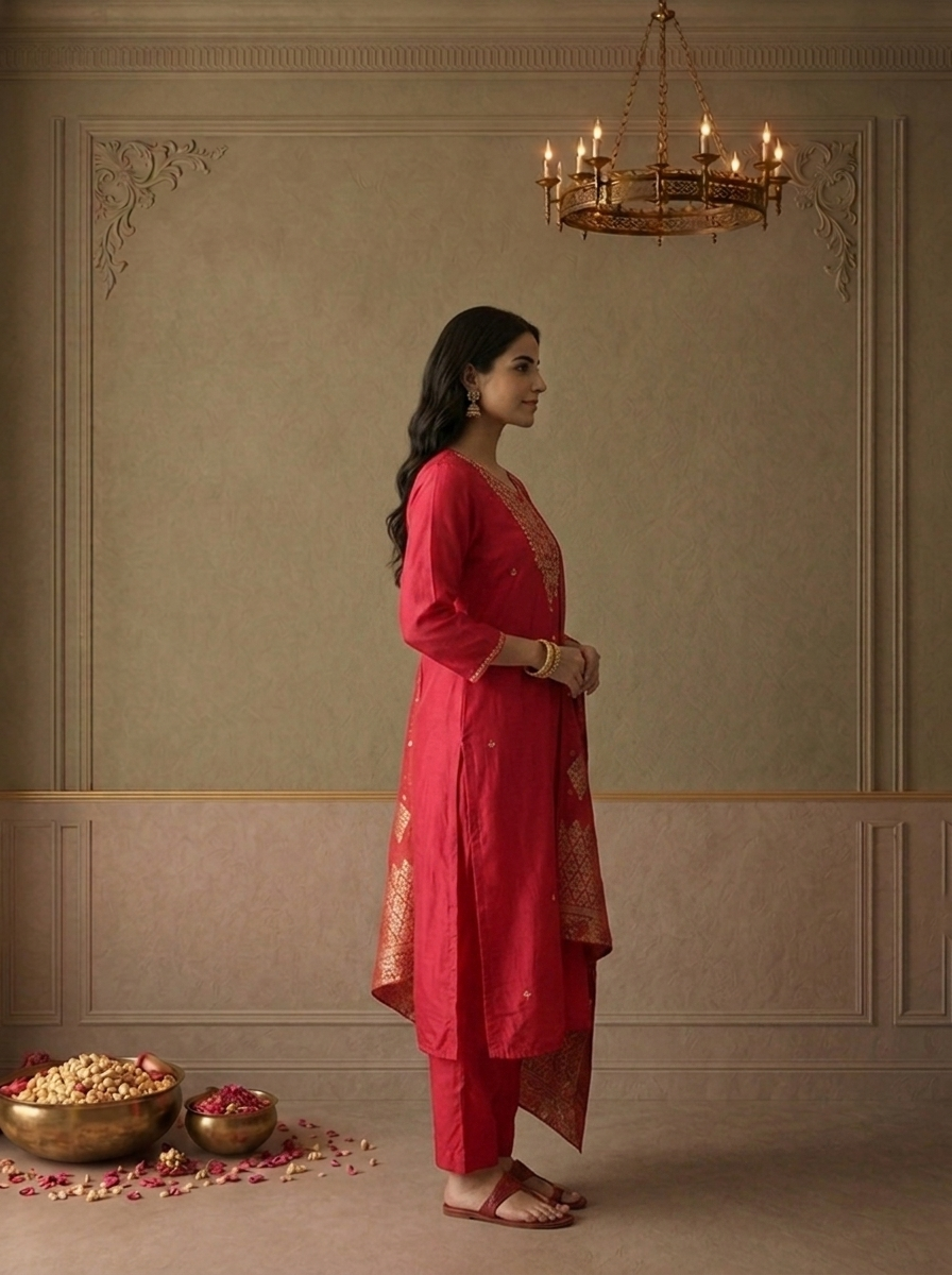 Magenta Silk Zari Embroidered Three Piece Set