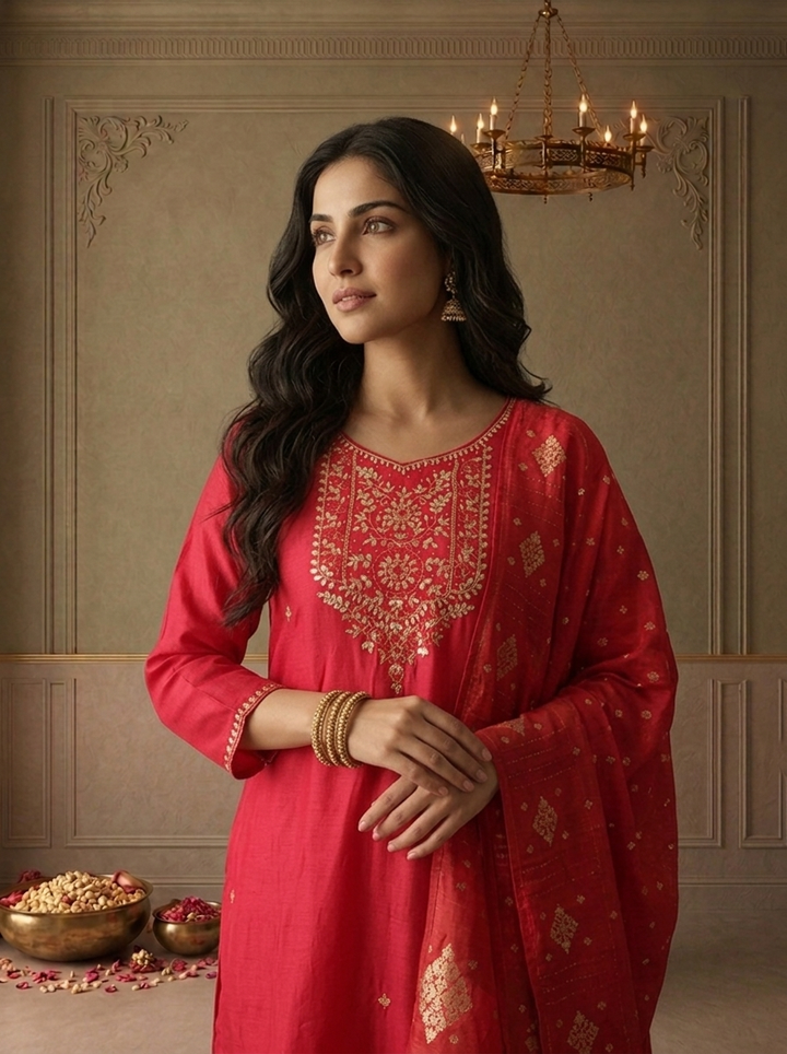 Magenta Silk Zari Embroidered Three Piece Set