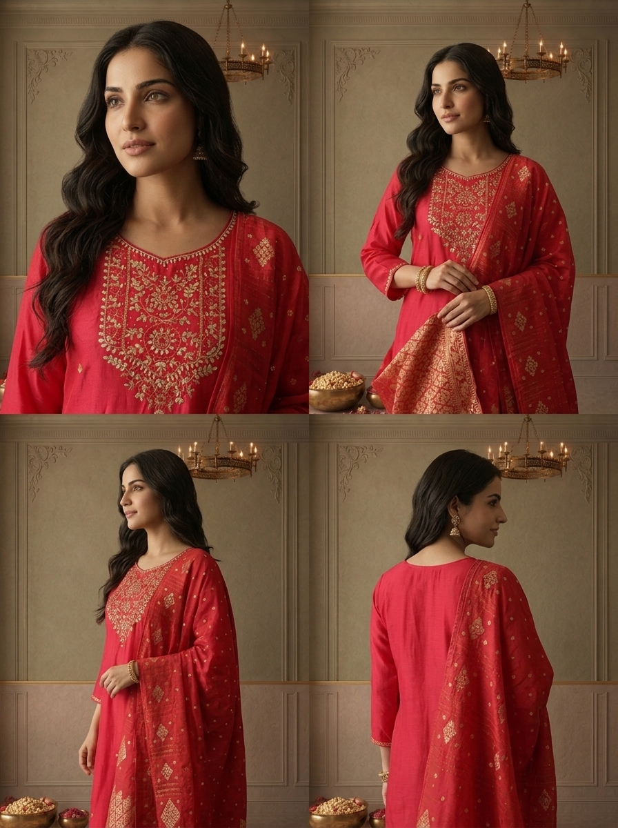 Magenta Silk Zari Embroidered Three Piece Set