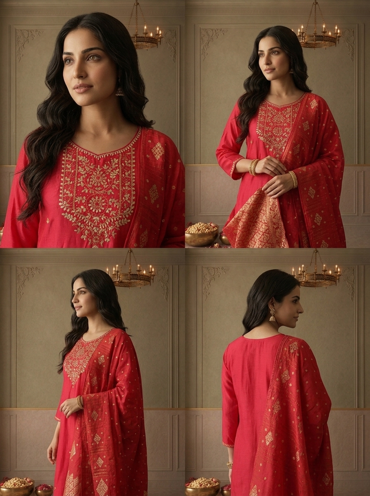 Magenta Silk Zari Embroidered Three Piece Set