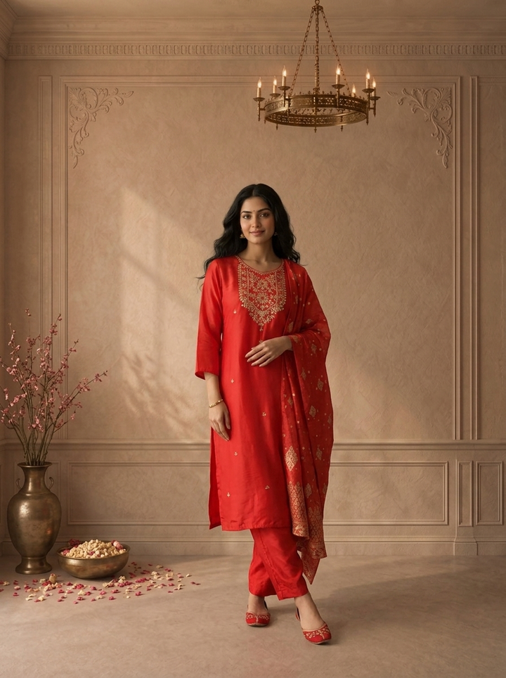 Red Silk Zari Embroidered Three Piece Set