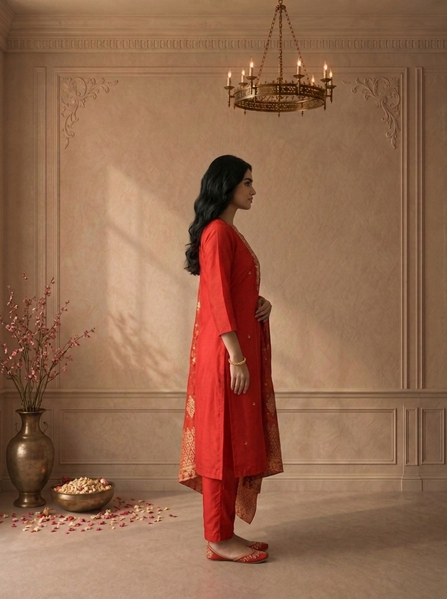 Red Silk Zari Embroidered Three Piece Set
