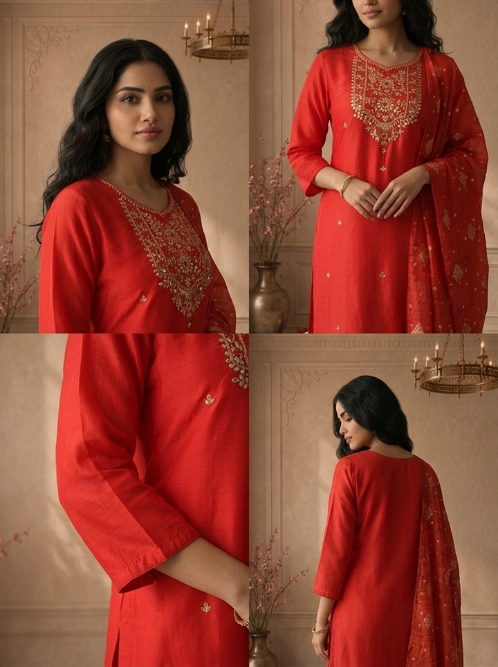 Red Silk Zari Embroidered Three Piece Set