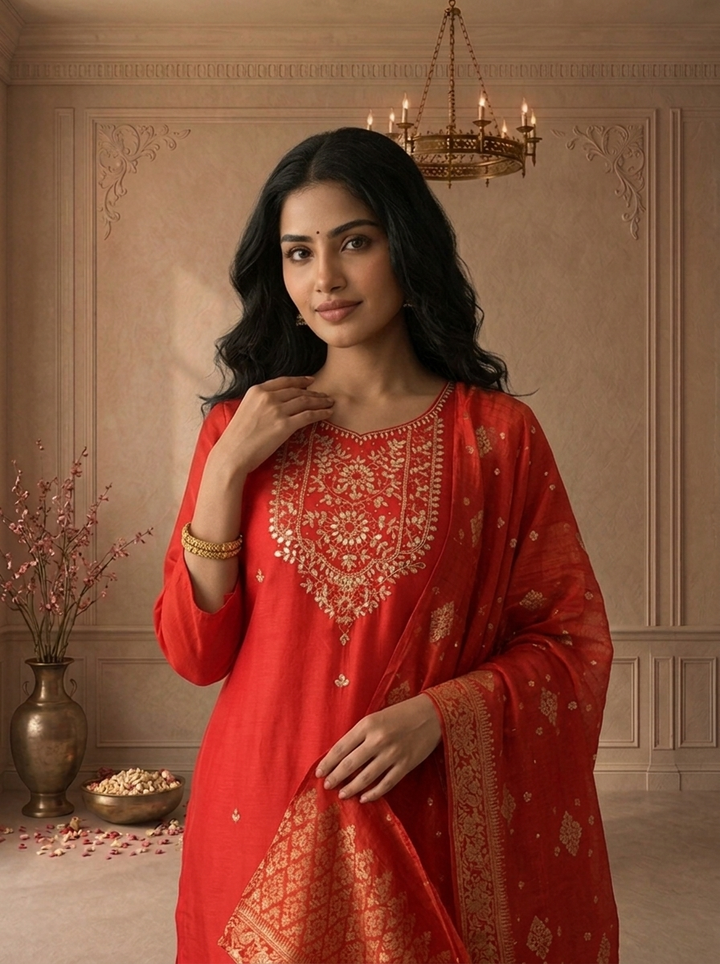 Red Silk Zari Embroidered Three Piece Set