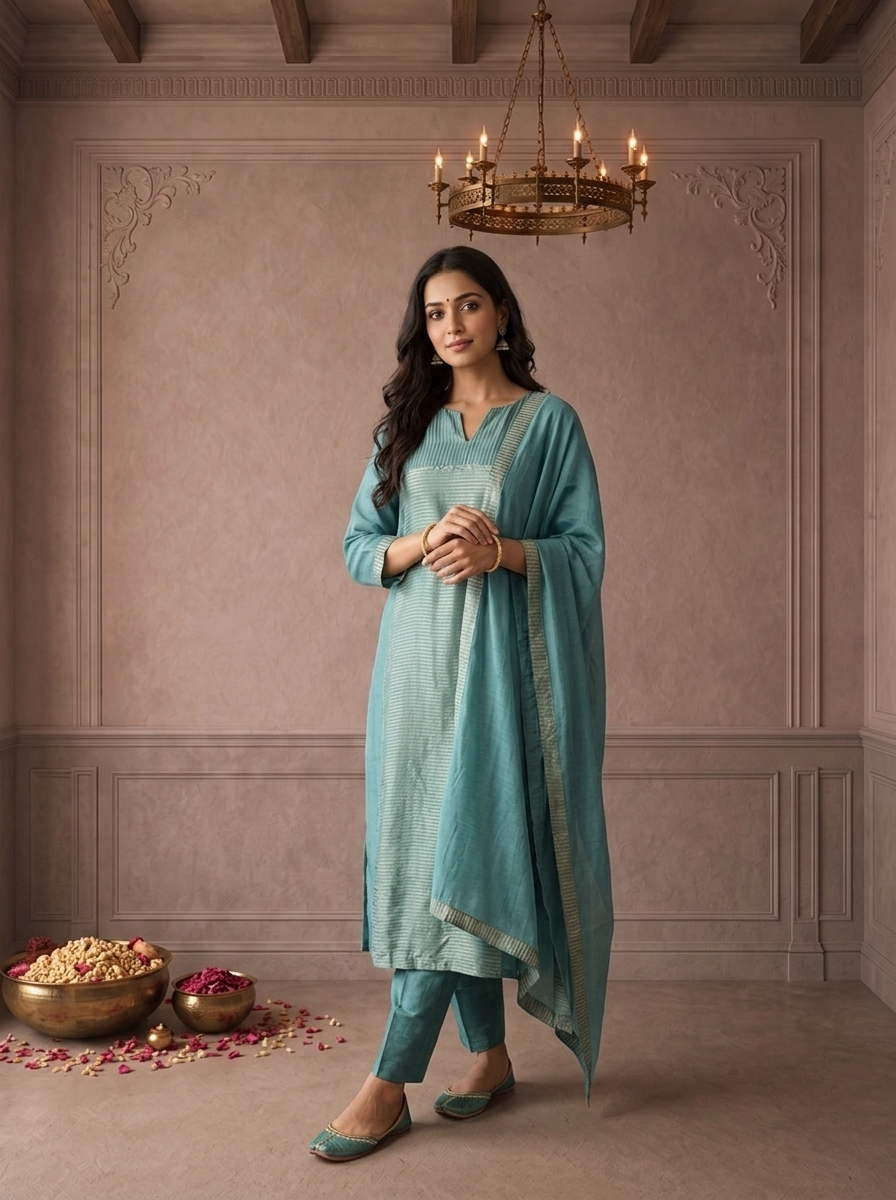Sky Blue Tissue Zari Stripes Printed Three Piece Set
