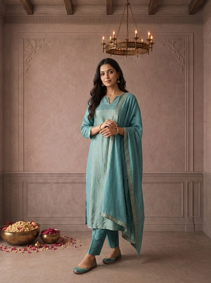 Sky Blue Tissue Zari Stripes Printed Three Piece Set