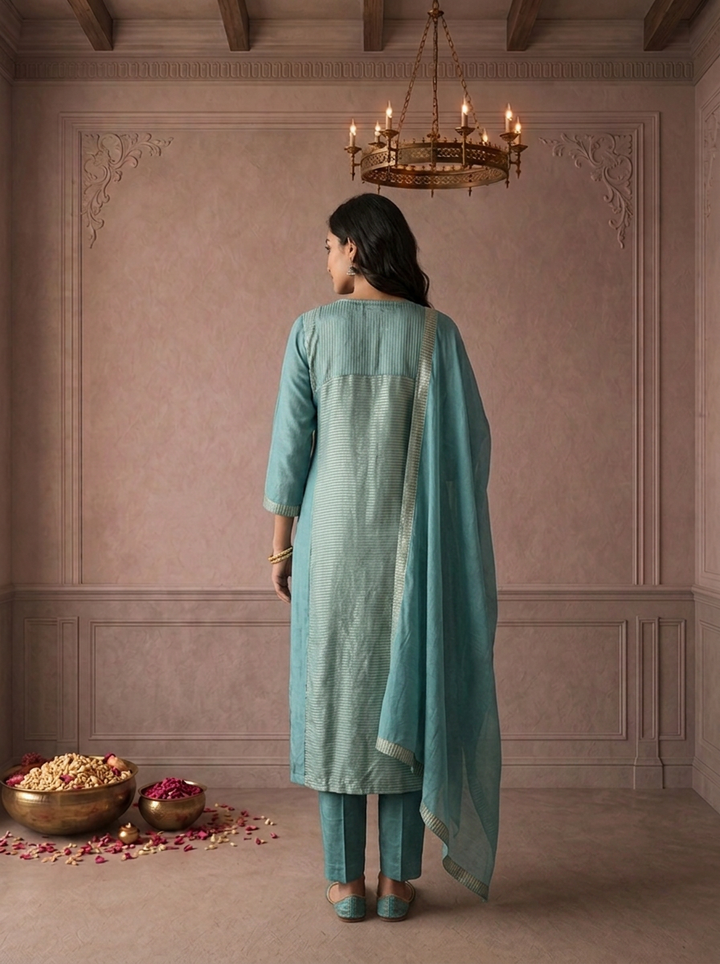 Sky Blue Tissue Zari Stripes Printed Three Piece Set