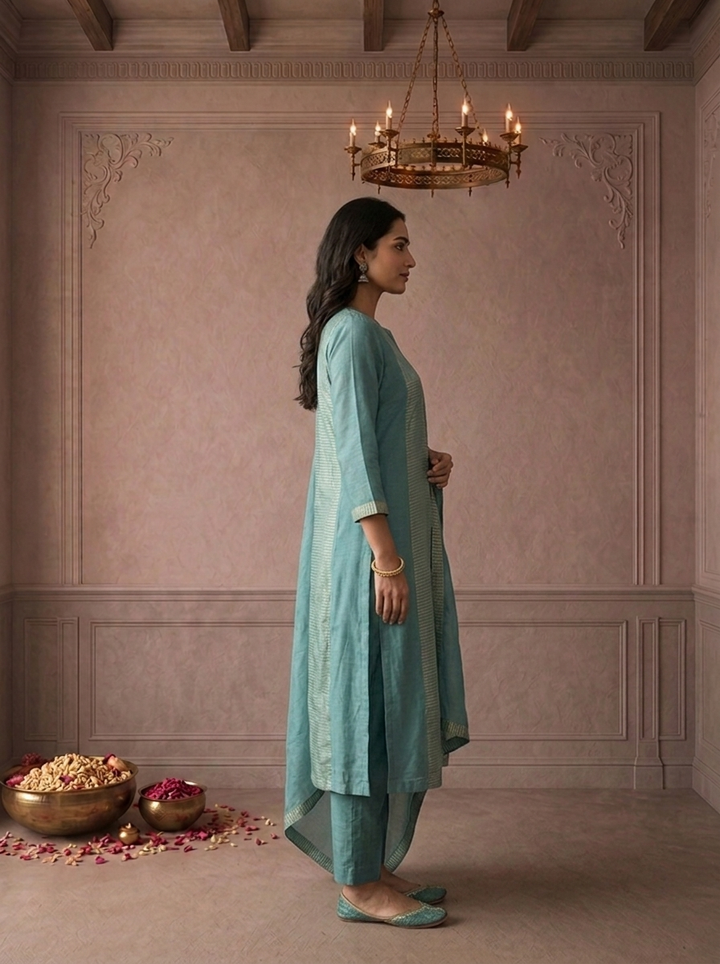 Sky Blue Tissue Zari Stripes Printed Three Piece Set